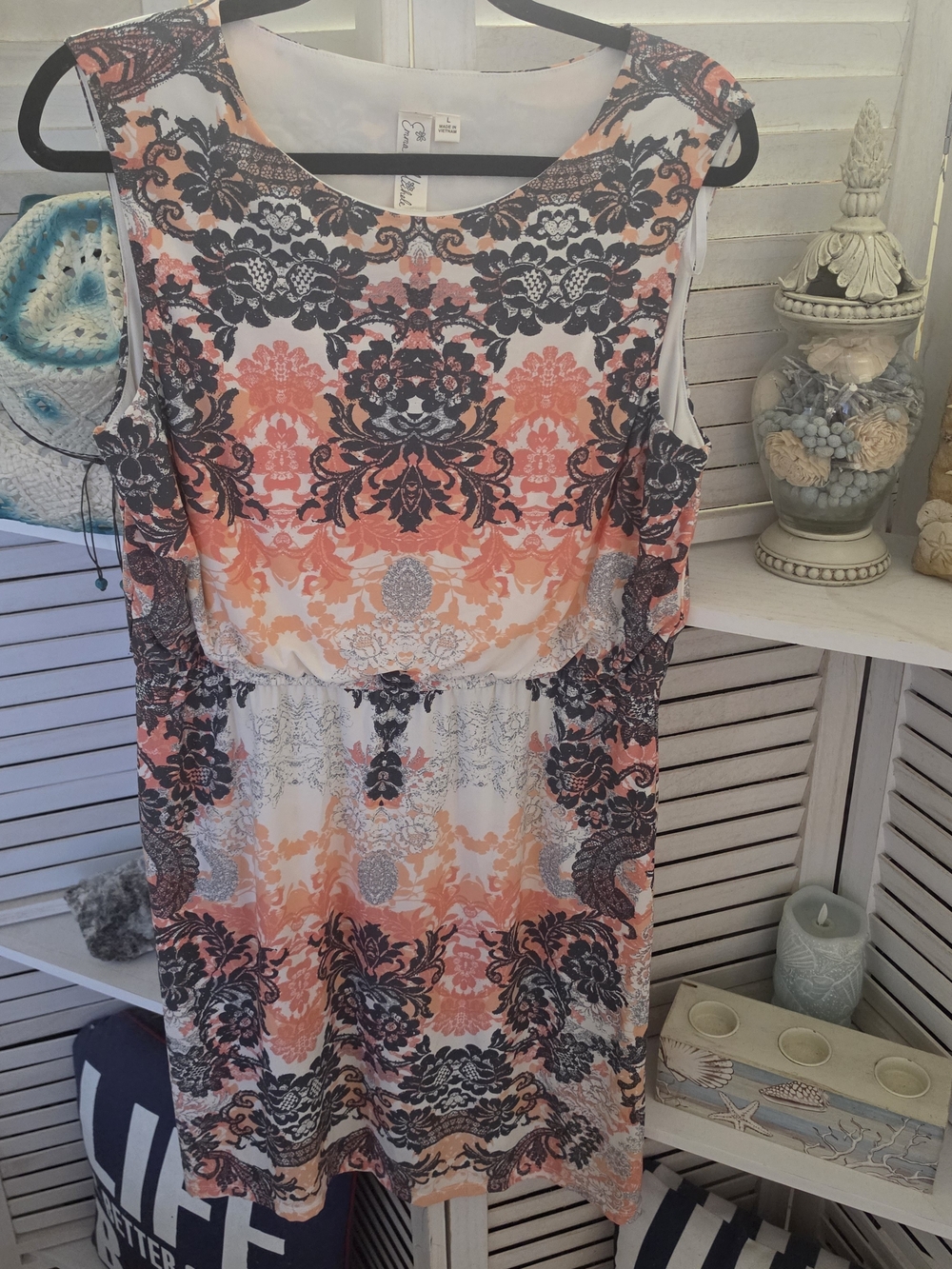 Sleeveless Coral and Black Damask Summer Dress Size L | Emma & Michele